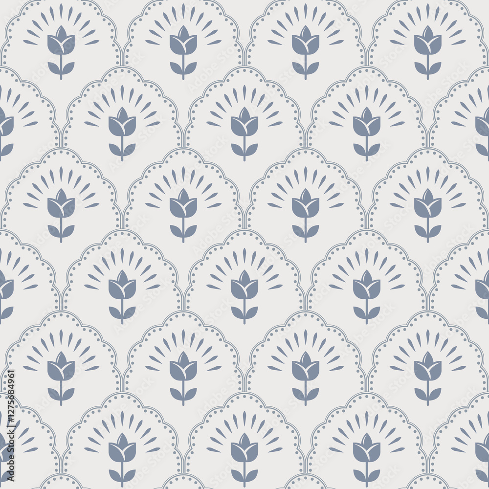 Retro flowers scallop seamless pattern. Floral tulip rustic retro endless wallpaper background for kitchen decor or textile design. Blue and beige calm colors.