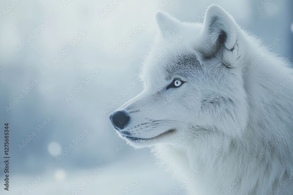 A majestic white wolf, with piercing eyes, stands surrounded by a frosty landscape, exuding power and mystique. A majestic white wolf, with piercing eyes, stands surrounded by a frosty landscape, exuding power and mystique.