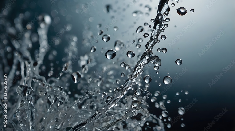A close-up photo of water droplets splashing on a surface, capturing the dynamic motion and reflections of the liquid in a serene and refreshing environment A close-up photo of water droplets splashing on a surface, capturing the dynamic motion and reflections of the liquid in a serene and refreshing environment