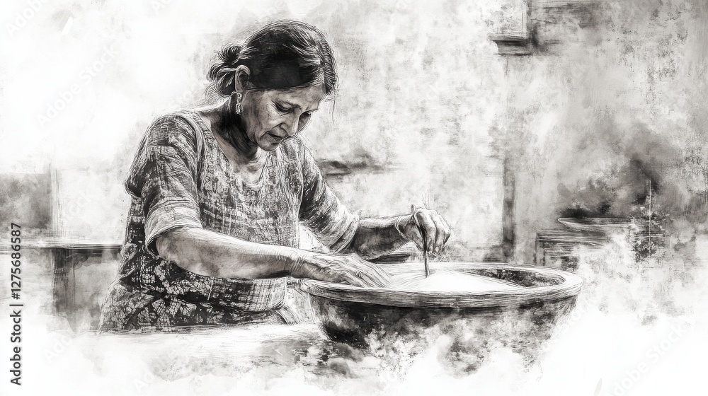 Obraz premium Elderly Woman Crafting Pottery in Traditional Art Style