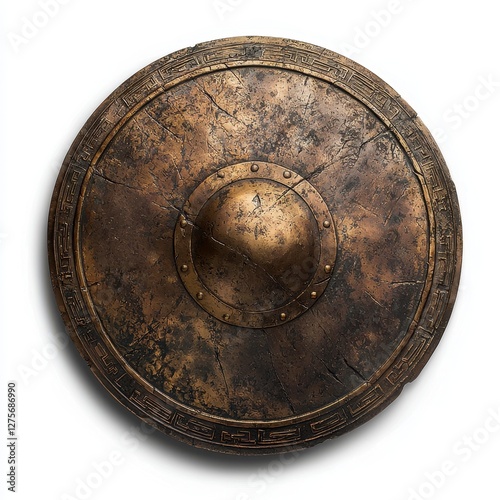 Battle Worn Spartan Shield with Deep Scratches and Distressed Patina