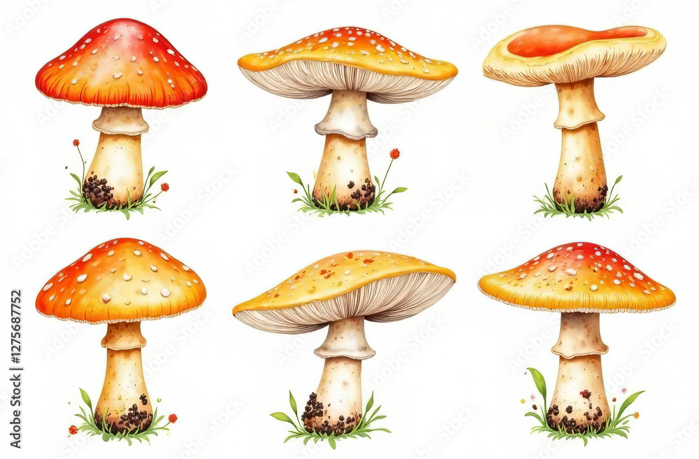 set of different mushrooms, chanterelles, champignons, isolated on white background, pattern set of different mushrooms, chanterelles, champignons, isolated on white background, pattern