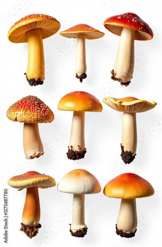 set of different mushrooms, chanterelles, champignons, isolated on white background, pattern