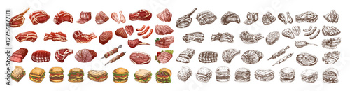 Set of hand-drawn colored  and monochrome sketches of different types of meat, steaks, chicken, kebabs, bacon, tenderloin, pork, beef, ham, barbecue, burgers, sandwiches. Vintage illustration.
