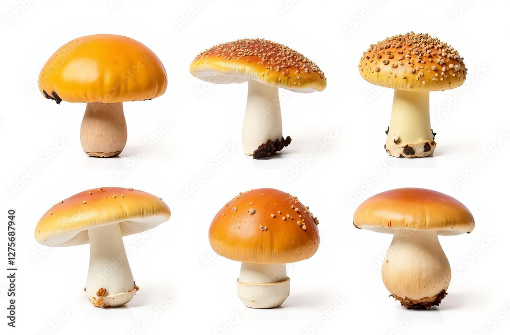 set of different mushrooms, chanterelles, champignons, isolated on white background, pattern set of different mushrooms, chanterelles, champignons, isolated on white background, pattern