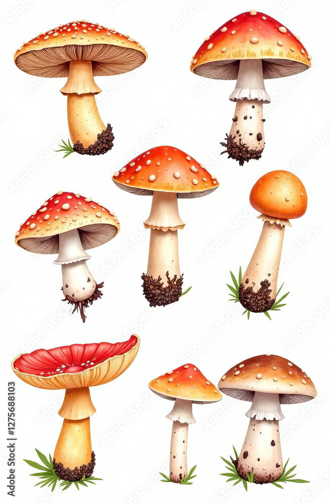 set of different mushrooms, chanterelles, champignons, isolated on white background, pattern set of different mushrooms, chanterelles, champignons, isolated on white background, pattern