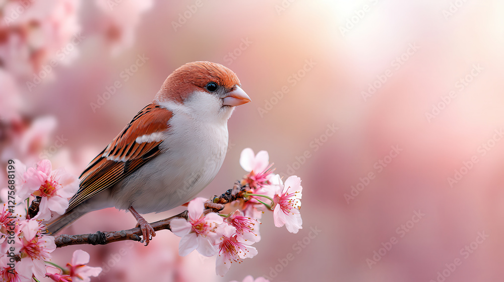 small bird with brown and white feathers perches on cherry blossom branch, surrounded by soft pink flowers and blurred background, creating serene and peaceful scene small bird with brown and white feathers perches on cherry blossom branch, surrounded by soft pink flowers and blurred background, creating serene and peaceful scene