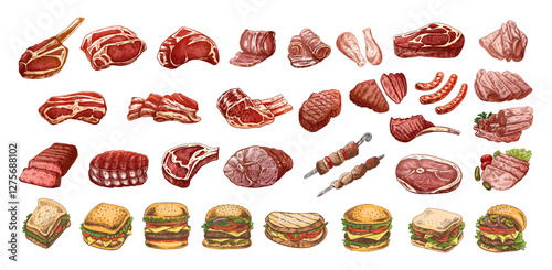 Set of hand-drawn colored  sketches of different types of meat, steaks, chicken, kebabs, bacon, tenderloin, pork, beef, ham, barbecue, burgers, sandwiches. Vintage illustration.