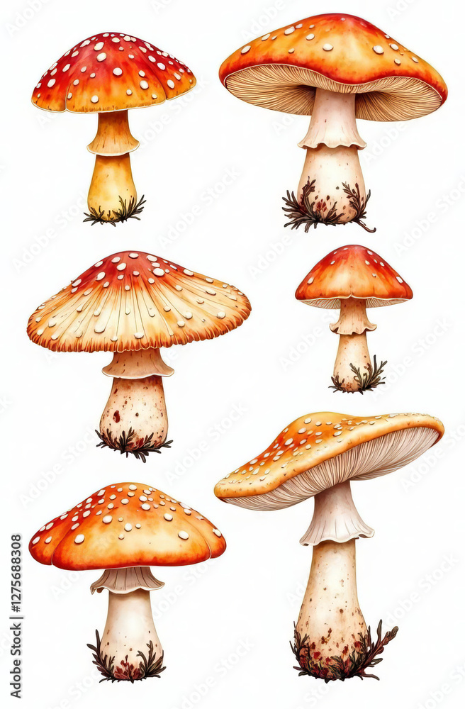 set of different mushrooms, chanterelles, champignons, isolated on white background, pattern set of different mushrooms, chanterelles, champignons, isolated on white background, pattern
