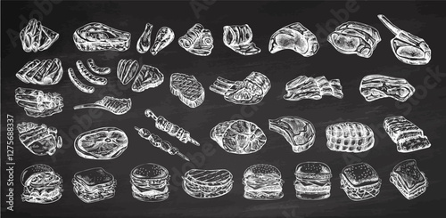 Set of hand-drawn monochrome sketches of different types of meat, steaks, chicken, kebabs, bacon, tenderloin, pork, beef, ham, barbecue, burgers, sandwiches on chalkboard background.