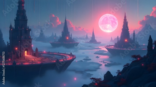 Futuristic Fantasy Cityscape with Floating Castles and a Glowing Moon
