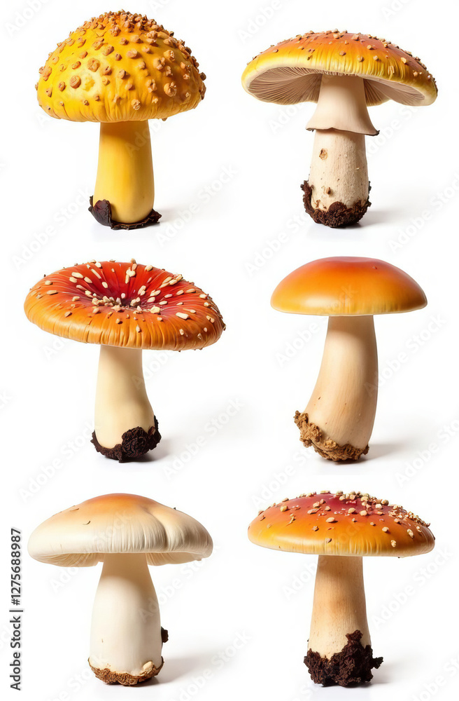 set of different mushrooms, chanterelles, champignons, isolated on white background, pattern set of different mushrooms, chanterelles, champignons, isolated on white background, pattern
