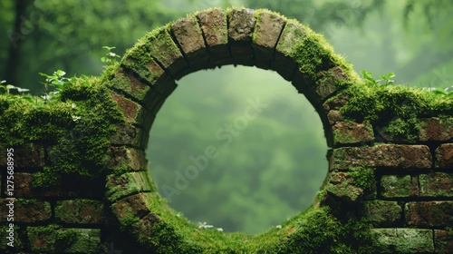 Moss-covered ancient bricks, green organic growth creeping over old brickwork, abandoned structure feel, 3D illustration photo