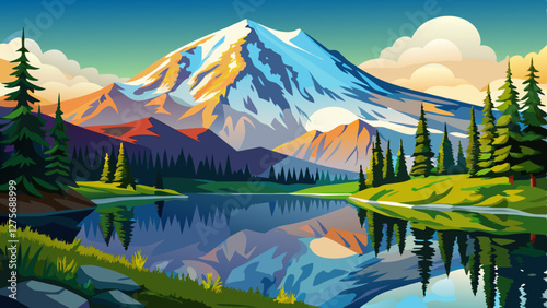 Washington State, Mount Rainier National Park. Snowcapped Mount Rainer and low clouds, view from Reflection Lakes area