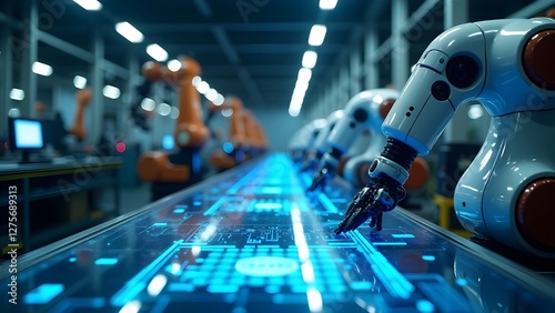 Futuristic Robotic Arms Operating on an AI-Powered Production Line
