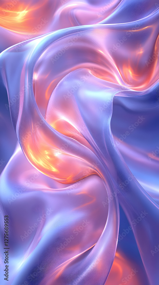 Fototapeta premium Colorful fabric swirls softly, reflecting light in shades of purple and orange, creating an abstract pattern