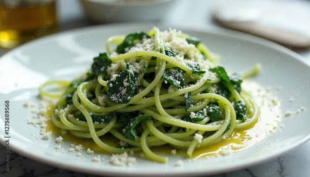 Spaghetti. Green spaghetti with spinach and parmesan. Italian and mediterranean cuisine Spaghetti. Green spaghetti with spinach and parmesan. Italian and mediterranean cuisine