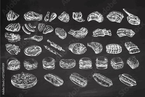 Set of hand-drawn monochrome sketches of different types of meat, steaks, chicken, kebabs, bacon, tenderloin, pork, beef, ham, barbecue, burgers, sandwiches on chalkboard background. 