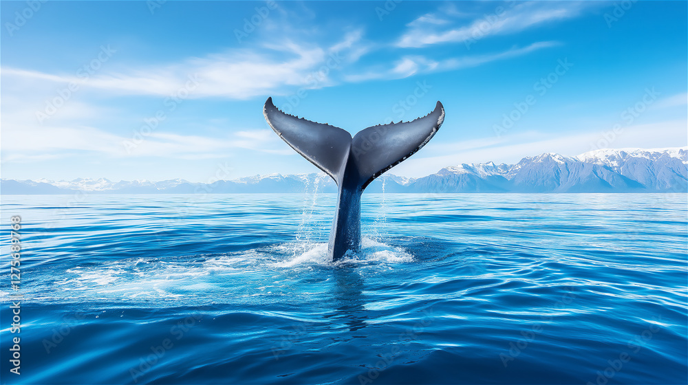 Fototapeta premium A majestic whale breaching the surface of the ocean, its massive tail emerging from the water with a dramatic splash against a backdrop of mountains and sky.
