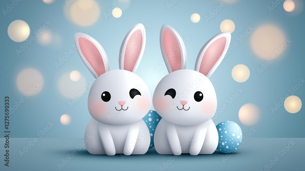 Fototapeta premium Two cute cartoon Easter bunnies winking with pastel Easter eggs on blue bokeh background. Easter celebrations and holiday greetings