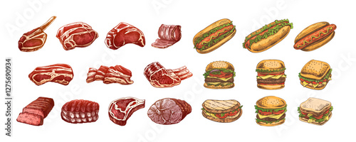 Set of hand-drawn colored  sketches of different types of meat, steaks, chicken, kebabs, bacon, tenderloin, pork, beef, ham, barbecue, burgers, sandwiches, hot dogs. Vintage illustration.
