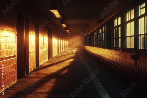 A sunlit corridor with glowing orange tiles evokes warmth and nostalgia, casting long shadows in a serene, golden-hour setting. photo