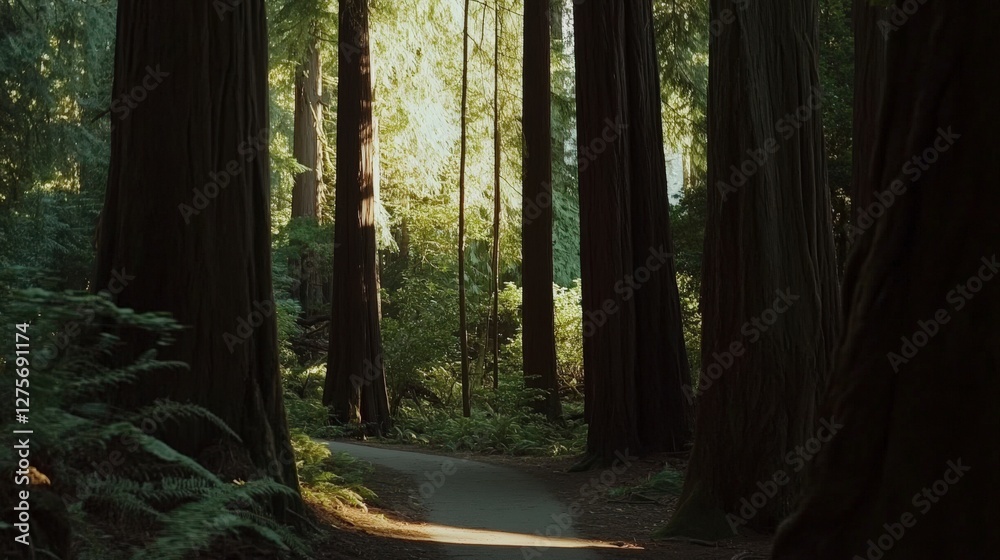 Fototapeta premium Serene Redwood Forest Pathway: Sunlight Filtering Through Ancient Trees