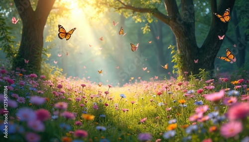 Fototapeta Naklejka Na Ścianę i Meble -  Sunbeams illuminate forest meadow full of colorful flowers with flying butterflies. Dreamy vibrant summer landscape. Rich foliage creating idyllic tranquil nature wallpaper. Magical scene with sun