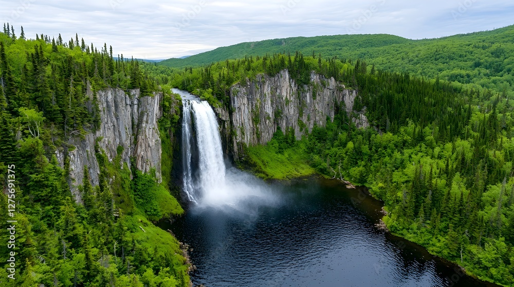 Obraz premium Majestic Waterfall Flowing Through Lush Green Forest Landscape