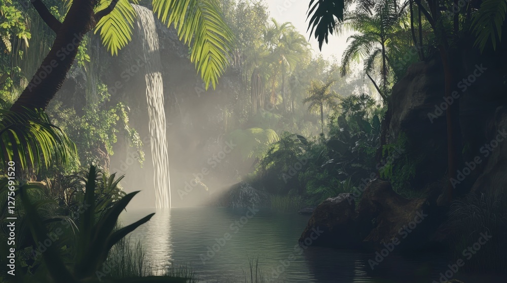 Naklejka premium Misty Rainforest Waterfall Scene: A Serene Jungle Oasis