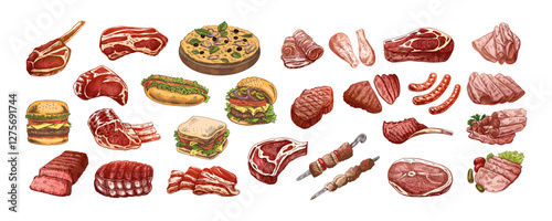 Set of hand-drawn colored sketches of different types of meat, steaks, chicken, kebabs, bacon, tenderloin, pork, beef, ham, barbecue, burgers, sandwiches, hot dogs, pizza. Vintage illustration.