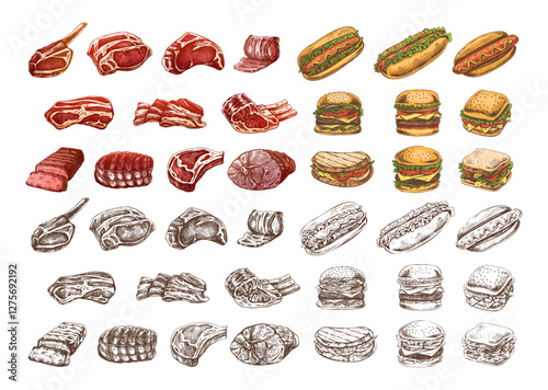Set of hand-drawn colored and monochrome sketches of different types of meat, steaks, chicken, kebabs, bacon, tenderloin, pork, beef, ham, barbecue, burgers, sandwiches, hot dogs, pizza. 