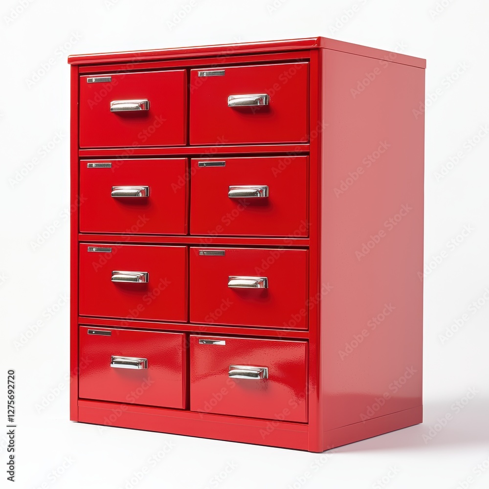 Bright red filing cabinet with multiple drawers and sleek handles isolated on white Bright red filing cabinet with multiple drawers and sleek handles isolated on white