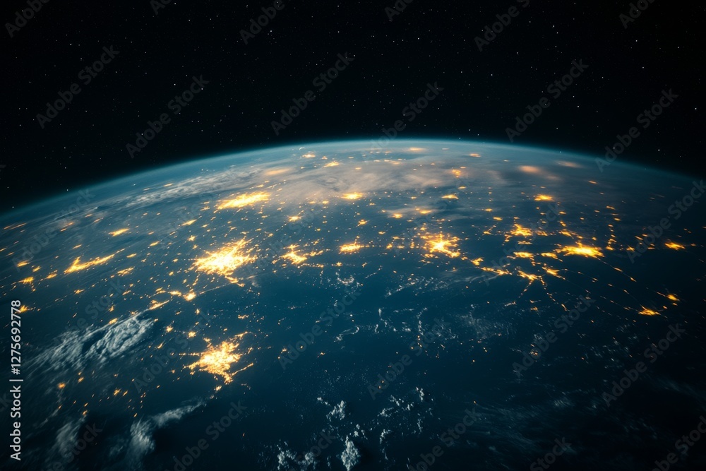 Obraz premium A view of Earth from space at night reveals a network of glowing city lights, highlighting the planet's bustling human activity against the dark void.