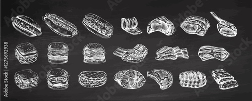 Set of hand-drawn monochrome sketches of different types of meat, steaks, chicken, kebabs, bacon, tenderloin, pork, beef, ham, barbecue, burgers, sandwiches, hot dogs, pizza on chalkboard background.