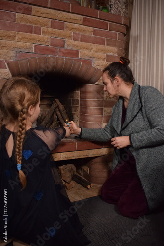 A young parent and child enjoy cozy leisure time by the fireplace, embracing the warmth and comfort of winter time indoors. Hygge concept. Family bonds and shares precious moments together t home