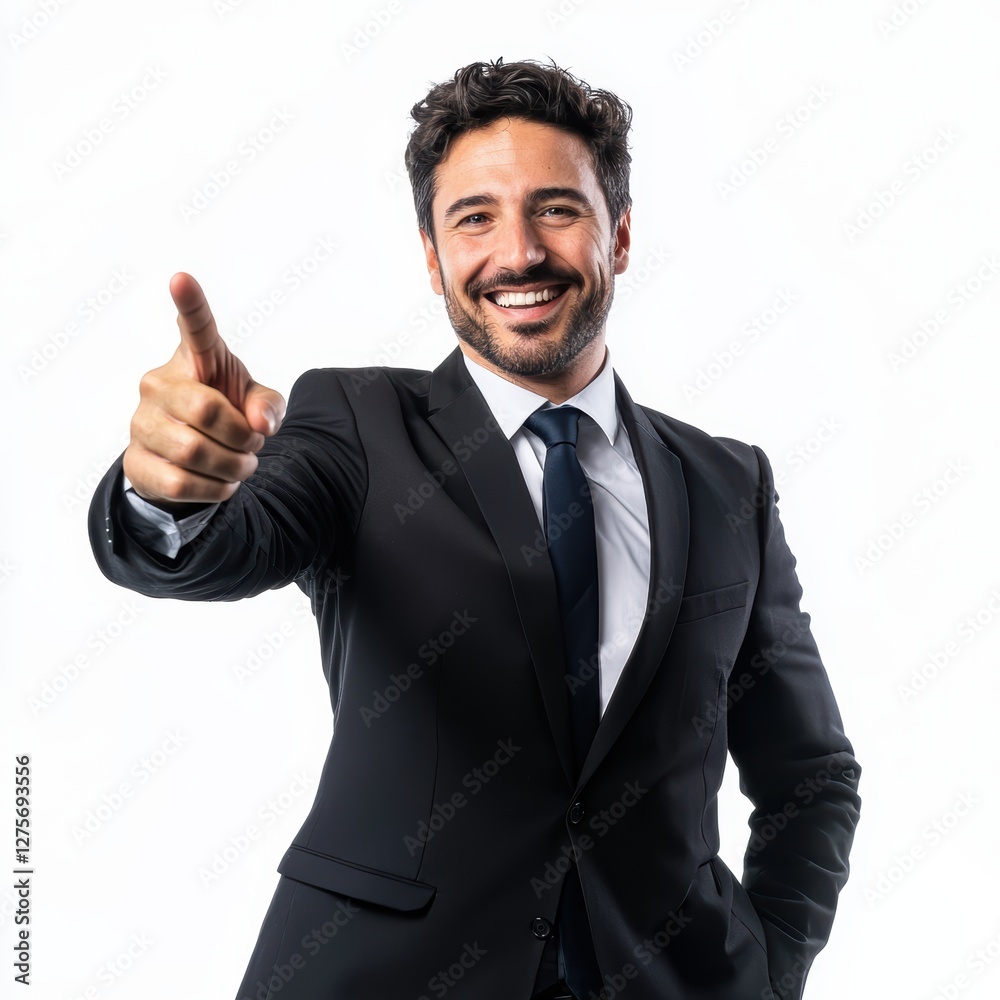 Cheerful man in business attire pointing at something, confident expression, isolated on white Cheerful man in business attire pointing at something, confident expression, isolated on white