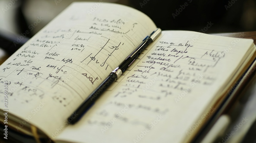 Handwritten Notes in a Notebook with a Black Pen on a Desk Handwritten Notes in a Notebook with a Black Pen on a Desk