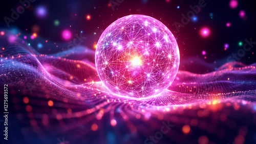 A vibrant, glowing sphere surrounded by colorful waves and stars, evoking a sense of wonder.