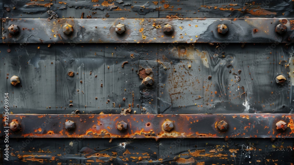 An aged metal surface displaying rust and wear, with prominent rivets visible. The texture suggests long-term exposure to weather, creating an industrial yet artistic appearance An aged metal surface displaying rust and wear, with prominent rivets visible. The texture suggests long-term exposure to weather, creating an industrial yet artistic appearance