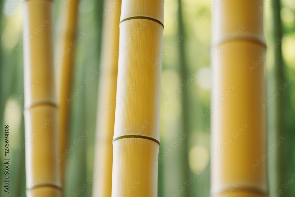 Obraz premium Tall, golden bamboo stalks rise majestically, standing in focus against a blurred, serene forest backdrop, embodying nature’s tranquility and strength.