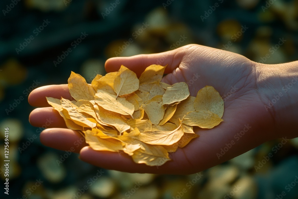 A gentle hand cradling golden autumn leaves, capturing the beauty and transience of the fall season. A gentle hand cradling golden autumn leaves, capturing the beauty and transience of the fall season.