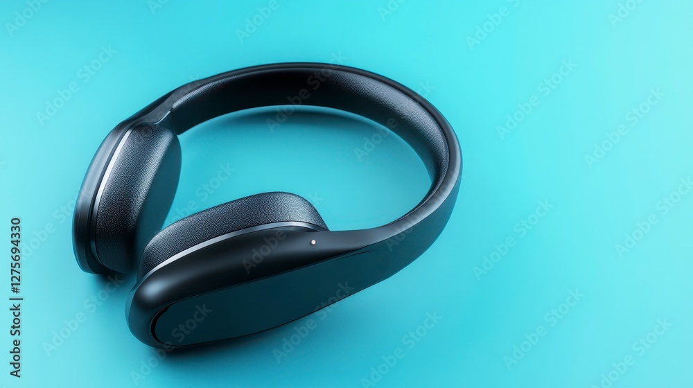 Modern Black Textured Headphones on Light Blue Background Modern Black Textured Headphones on Light Blue Background