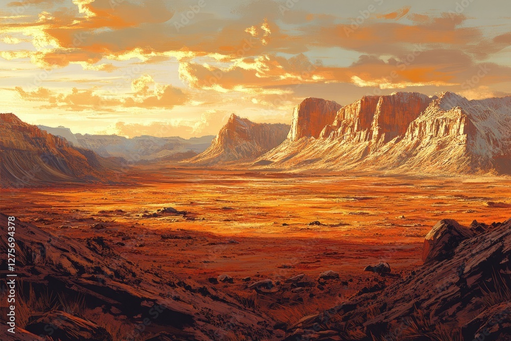 Naklejka premium Vast, orange desert landscape at sunset, with imposing sandstone cliffs and a dramatic sky.