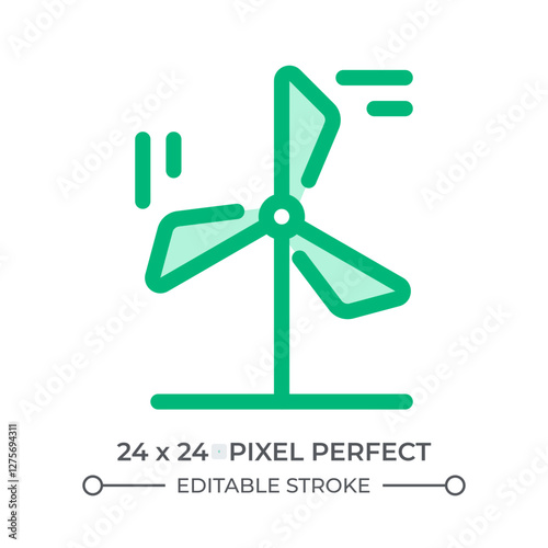 Wind turbine duotone color ui icon. Rotating windmill propeller. Renewable power generation source. Electric substation. Isolated vector illustration. Web design user interface element, pixel perfect
