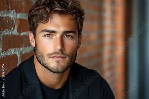 Handsome Man Leaning Brick Wall photo