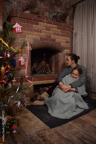 A young parent and child enjoy cozy leisure time by the fireplace, embracing the warmth and comfort of winter time indoors. Hygge concept. Family bonds and shares precious moments together t home