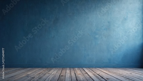 Moody room interior with blue wall and weathered wooden floor. Rustic vintage backdrop with dramatic light is good for product presentation or interior design mockups.