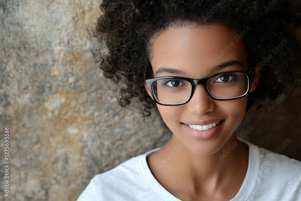 A beautiful mixed-race model with curly dark hair is captured in a close-up studio shot, smiling cutely at the camera against a blank white background A beautiful mixed-race model with curly dark hair is captured in a close-up studio shot, smiling cutely at the camera against a blank white background
