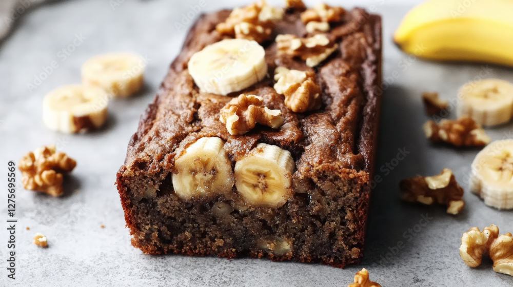 Delicious gluten free banana bread topped with walnuts and banana slices, perfect for healthy snack or breakfast option. Enjoy moist texture and rich flavor Delicious gluten free banana bread topped with walnuts and banana slices, perfect for healthy snack or breakfast option. Enjoy moist texture and rich flavor